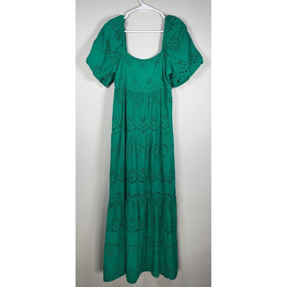 Eyelet Maxi Dress Women Est Size M Green Cotton Tiered Smocked Puff Sleeve Boho - Picture 2 of 9